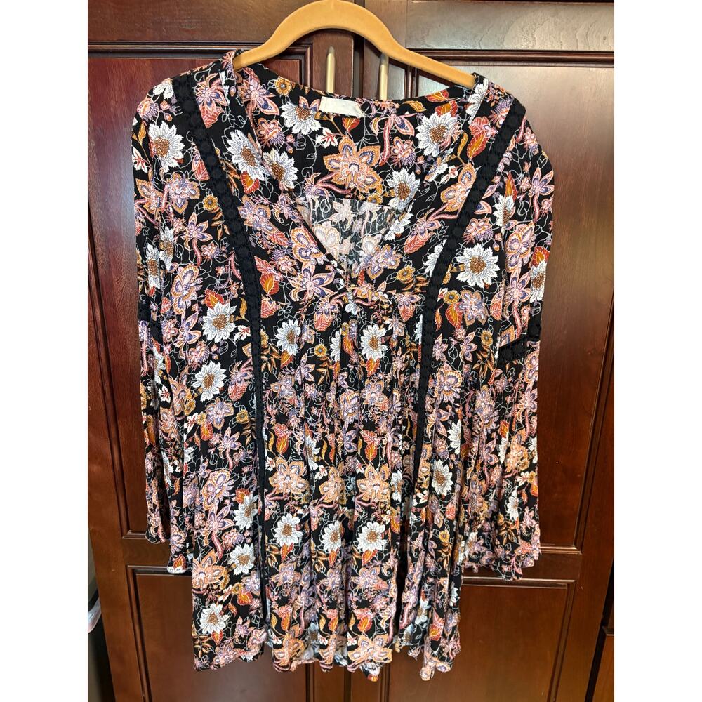 Alter'd State Black Floral Mini Bell Sleeve Boho Dress Size L